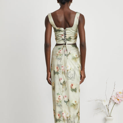 Fabiola Neutrals Floral Sleeveless Midi Dress 59% Acetate 41% Elastane Wide Shoulder Straps Dramatic Side Slits Rear Zip Fastening