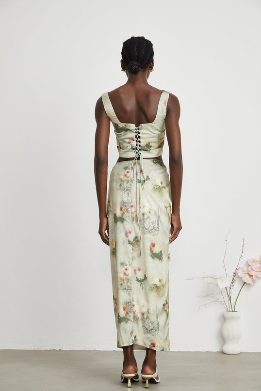 Fabiola Neutrals Floral Sleeveless Midi Dress 59% Acetate 41% Elastane Wide Shoulder Straps Dramatic Side Slits Rear Zip Fastening