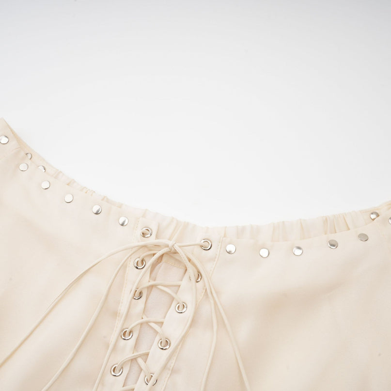 Fabiola Neutrals Mini Dress in Chiffon with Lace-Up Detailing and Flared Hem for Special Occasions