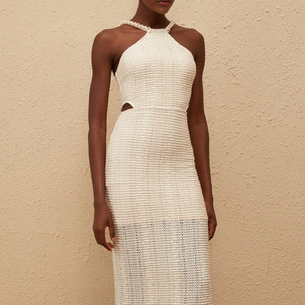 Fabiola White Guipure Lace Corset Midi Dress with Faux-Pearl Embellishments