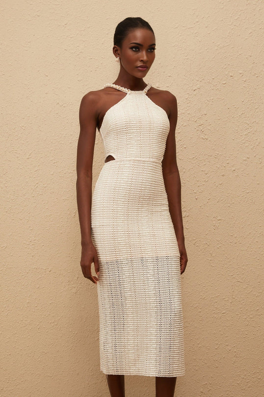 Fabiola White Guipure Lace Corset Midi Dress with Faux-Pearl Embellishments