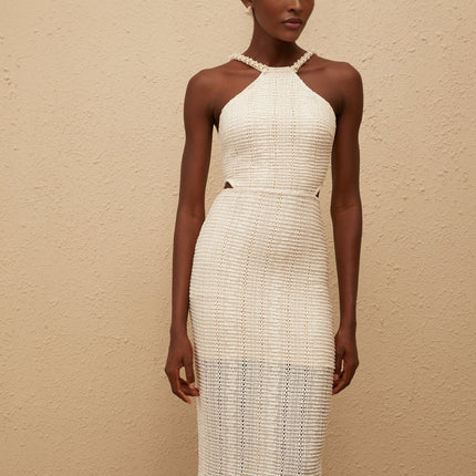 Fabiola White Guipure Lace Corset Midi Dress with Faux-Pearl Embellishments