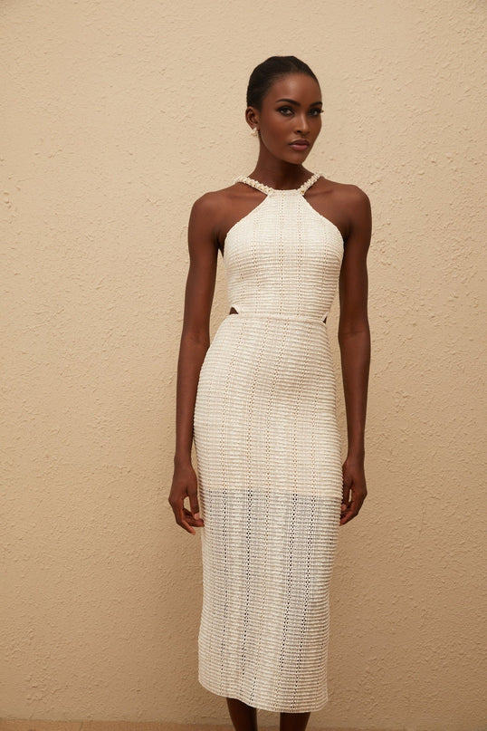 Fabiola White Guipure Lace Corset Midi Dress with Faux-Pearl Embellishments