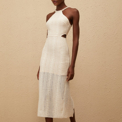Fabiola White Guipure Lace Corset Midi Dress with Faux-Pearl Embellishments