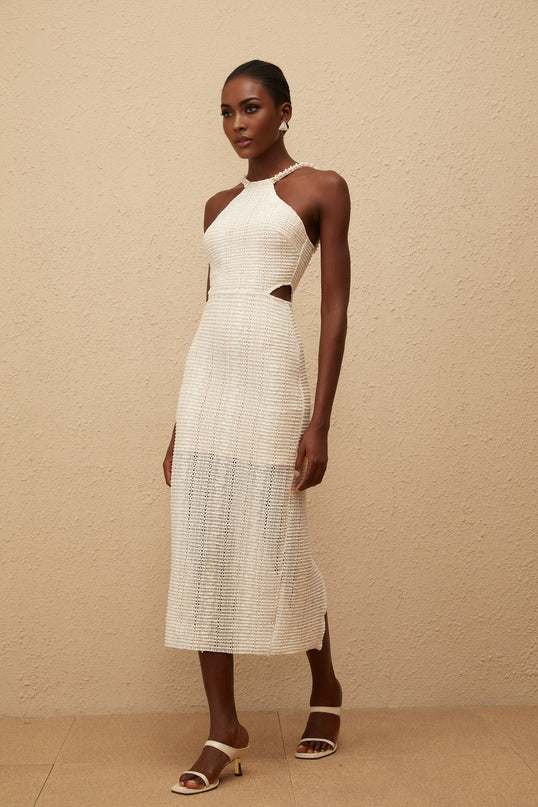 Fabiola White Guipure Lace Corset Midi Dress with Faux-Pearl Embellishments