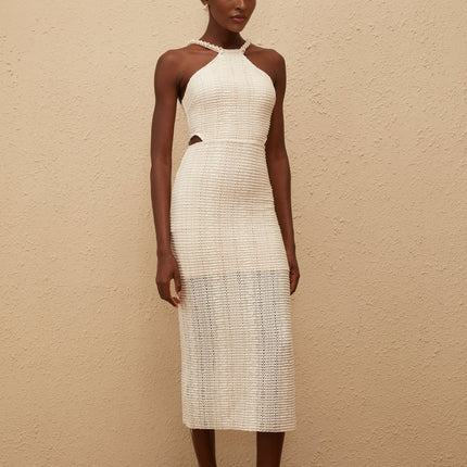 Fabiola White Guipure Lace Corset Midi Dress with Faux-Pearl Embellishments