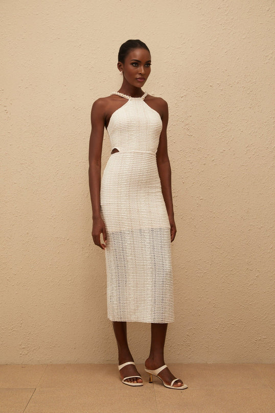 Fabiola White Guipure Lace Corset Midi Dress with Faux-Pearl Embellishments