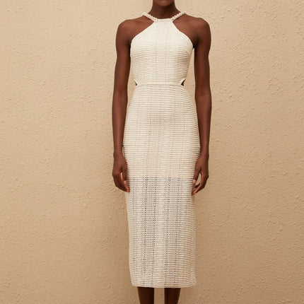 Fabiola White Lace Corset Midi Dress with Faux-Pearl Embellishments