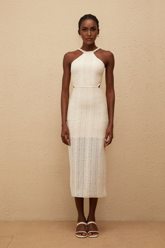 Fabiola White Lace Corset Midi Dress with Faux-Pearl Embellishments
