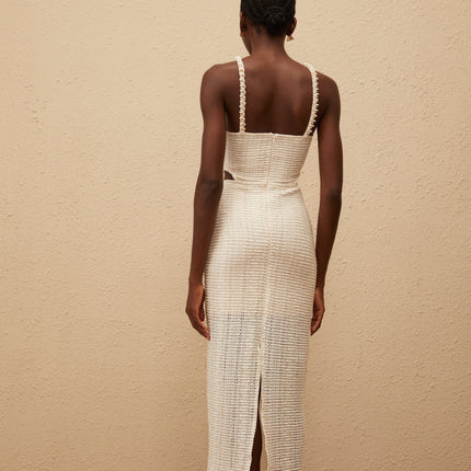 Fabiola White Lace Midi Dress with Faux-Pearl Embellishments and Cut-Out Detailing