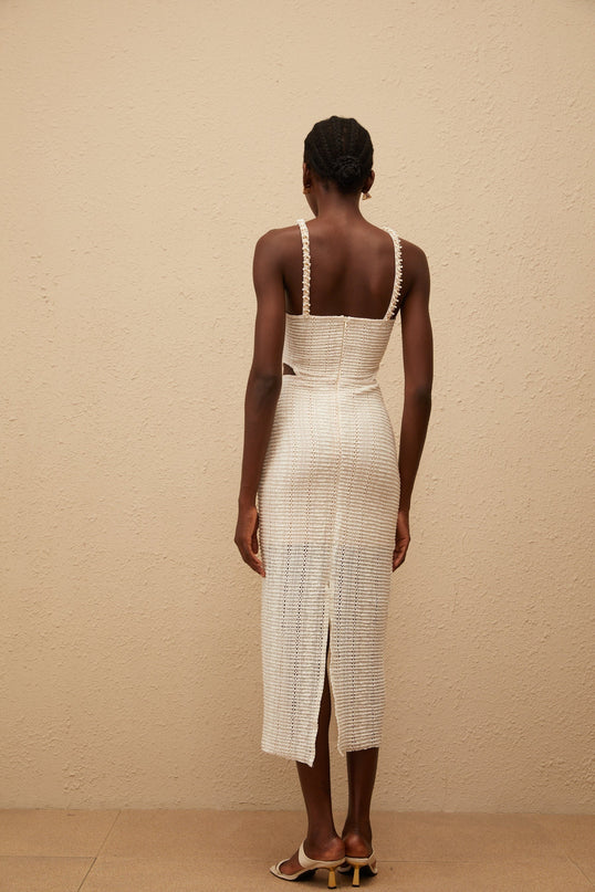 Fabiola White Lace Midi Dress with Faux-Pearl Embellishments and Cut-Out Detailing
