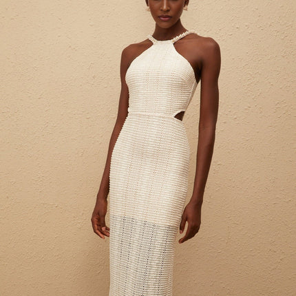 Fabiola White Lace Midi Dress with Faux-Pearl Embellishments