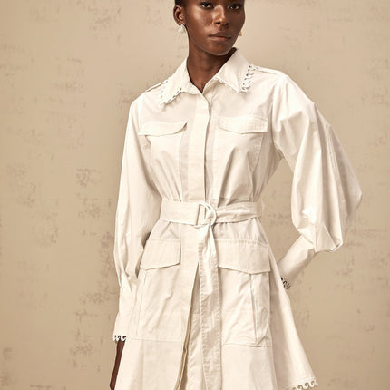Fabiola White Mini Dress Lapels Gigot Sleeves Belted Waist Semi-Sheer Construction Flap Pockets Button Fastening Cotton Terylene Fiber