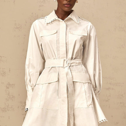 Fabiola White Mini Dress Lapels Gigot Sleeves Belted Waist Semi-Sheer Flap Pockets Button Fastening Cotton Terylene Fiber