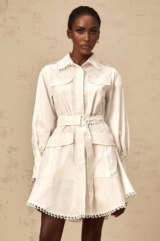Fabiola White Mini Dress Lapels Gigot Sleeves Belted Waist Semi-Sheer Flap Pockets Button Fastening Cotton Terylene Fiber