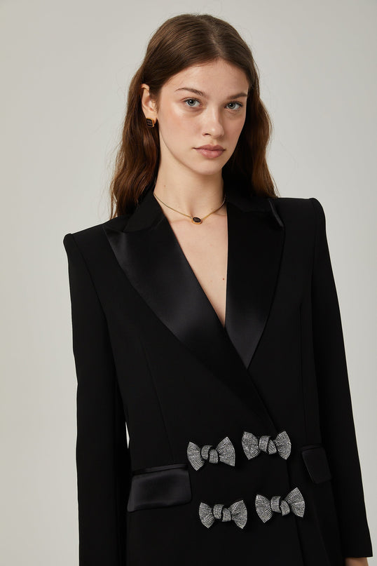 Faith Black Blazer with Crystal-Embellished Bow Detail in Viscose and Wool