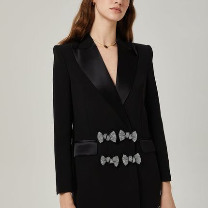 Faith Black Blazer Crystal Embellished Bow Detail Viscose Wool Long Sleeves Peak Lapels Shoulder Pads Satin Finish Panels Welt Pockets Straight Hem Tailored Finish Elegance Glamour Wardrobe