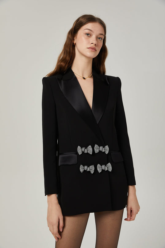 Faith Black Blazer Crystal Embellished Bow Detail Viscose Wool Long Sleeves Peak Lapels Shoulder Pads Satin Finish Panels Welt Pockets Straight Hem Tailored Finish Elegance Glamour Wardrobe