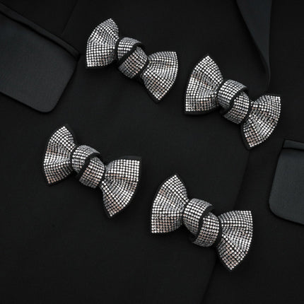 Faith Black Blazer Crystal Embellished Bow Detail Viscose Wool Long Sleeves Peak Lapels Shoulder Pads Satin Finish Panels Side Welt Pockets Straight Hem Tailored Finish Elegance Glamour