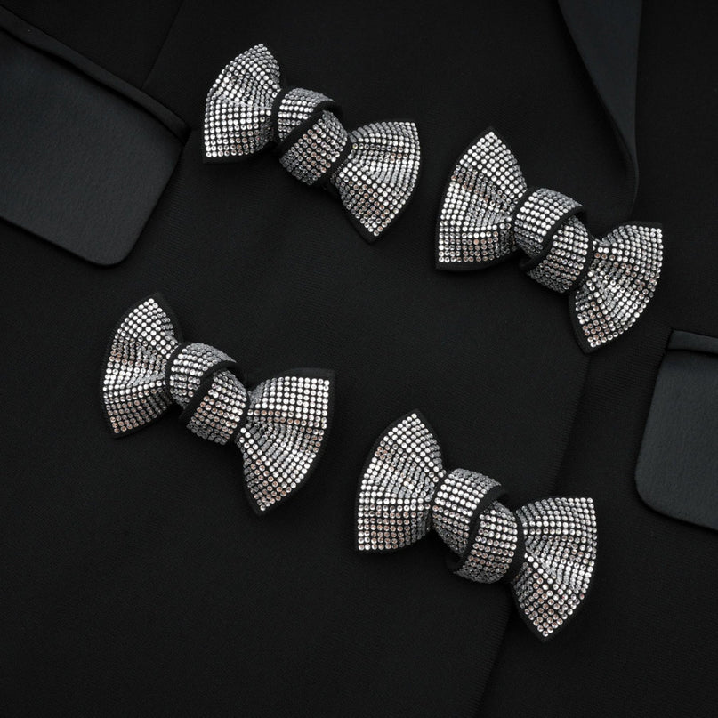 Faith Black Blazer Crystal Embellished Bow Detail Viscose Wool Long Sleeves Peak Lapels Shoulder Pads Satin Finish Panels Side Welt Pockets Straight Hem Tailored Finish Elegance Glamour