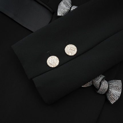 Faith Black Blazer Crystal Embellished Bow Detail Viscose Wool Long Sleeves Peak Lapels Shoulder Pads Satin Finish Panels Side Welt Pockets Straight Hem Tailored Finish Elegance Glamour Wardrobe