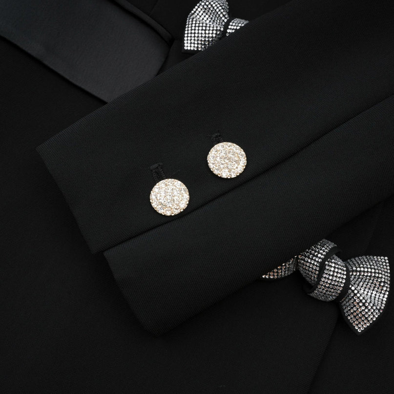 Faith Black Blazer Crystal Embellished Bow Detail Viscose Wool Long Sleeves Peak Lapels Shoulder Pads Satin Finish Panels Side Welt Pockets Straight Hem Tailored Finish Elegance Glamour Wardrobe
