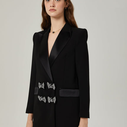 Faith Black Blazer Crystal Embellished Bow Detail Viscose Wool Long Sleeves Peak Lapels Shoulder Pads Satin Finish Panels Side Welt Pockets Straight Hem Tailored Finish Elegance Glamour Wardrobe