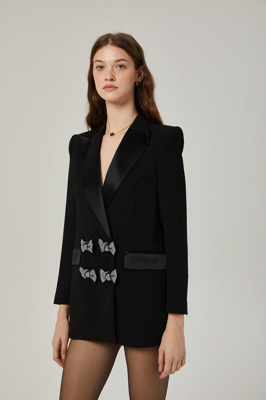 Faith Black Blazer Crystal Embellished Bow Detail Viscose Wool Long Sleeves Peak Lapels Shoulder Pads Satin Finish Panels Side Welt Pockets Straight Hem Tailored Finish Elegance Glamour Wardrobe