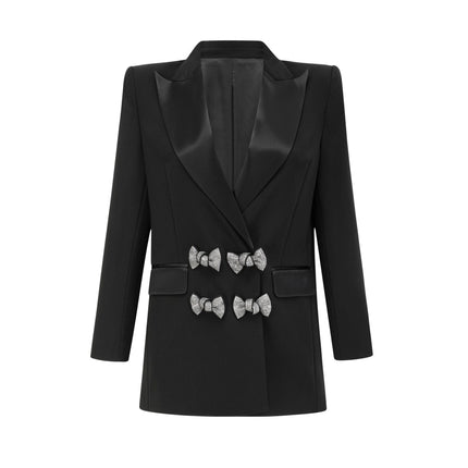 Faith Black Blazer Crystal Embellished Bow Detail Viscose Wool Satin Finish Peak Lapels Shoulder Pads Straight Hem