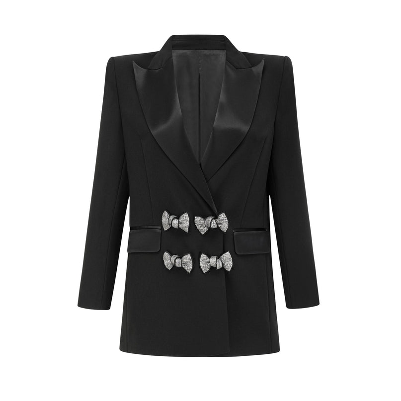 Faith Black Blazer Crystal Embellished Bow Detail Viscose Wool Satin Finish Peak Lapels Shoulder Pads Straight Hem
