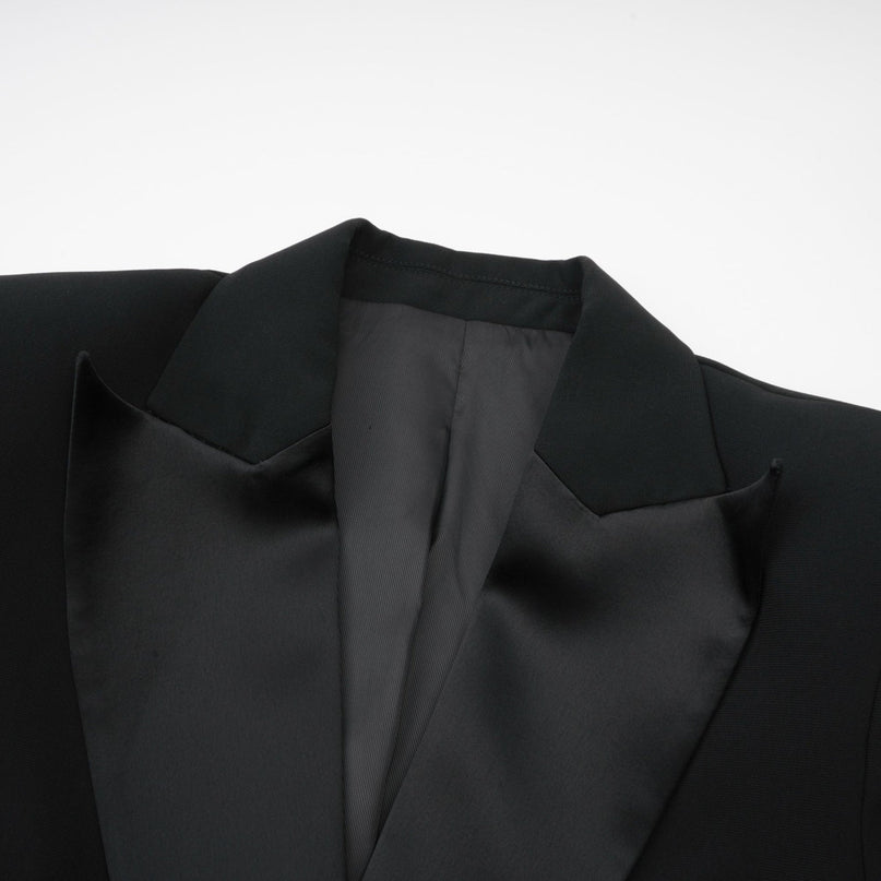 Faith Black Blazer Crystal Embellished Bow Detail Viscose Wool Long Sleeves Peak Lapels Shoulder Pads Satin Finish Panels Side Welt Pockets Straight Hem Tailored Elegance Glamour
