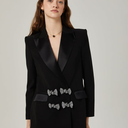 Faith Black Blazer Crystal Embellished Bow Detail Viscose Wool Long Sleeve Peak Lapel Shoulder Pad Satin Finish Side Welt Pocket Straight Hem Tailored Finish Elegance Glamour