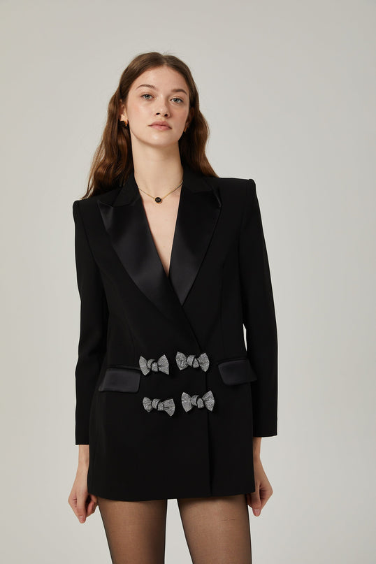 Faith Black Blazer Crystal Embellished Bow Detail Viscose Wool Long Sleeve Peak Lapel Shoulder Pad Satin Finish Side Welt Pocket Straight Hem Tailored Finish Elegance Glamour