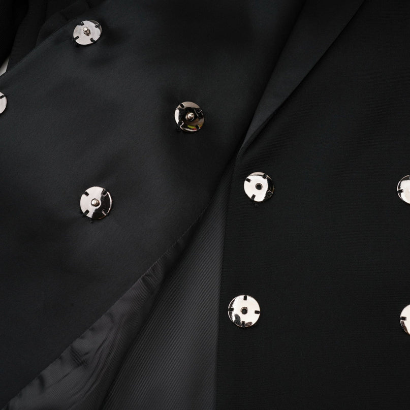 Faith Black Blazer Crystal Embellished Bow Detail Viscose Wool Long Sleeves Peak Lapels Shoulder Pads Satin Finish Panels Welt Pockets Straight Hem Tailored Finish Elegance Glamour Wardrobe