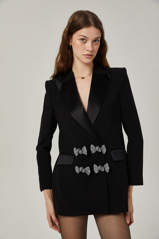 Faith Black Blazer with Crystal-Embellished Bow Detail