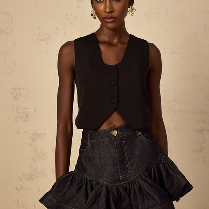 Faith Black Lace Cropped Top 100% Cotton V-Neck Guipure Lace Sleeveless Curved Hem Button Fastening