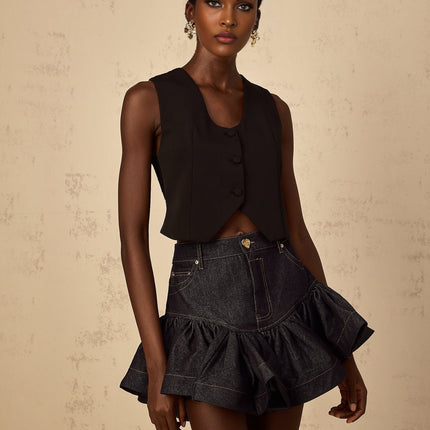 Faith Black Lace Cropped Top 100% Cotton V-Neck Sleeveless Button Fastening Curved Hem Guipure Lace Panelling Lace-Up Detail