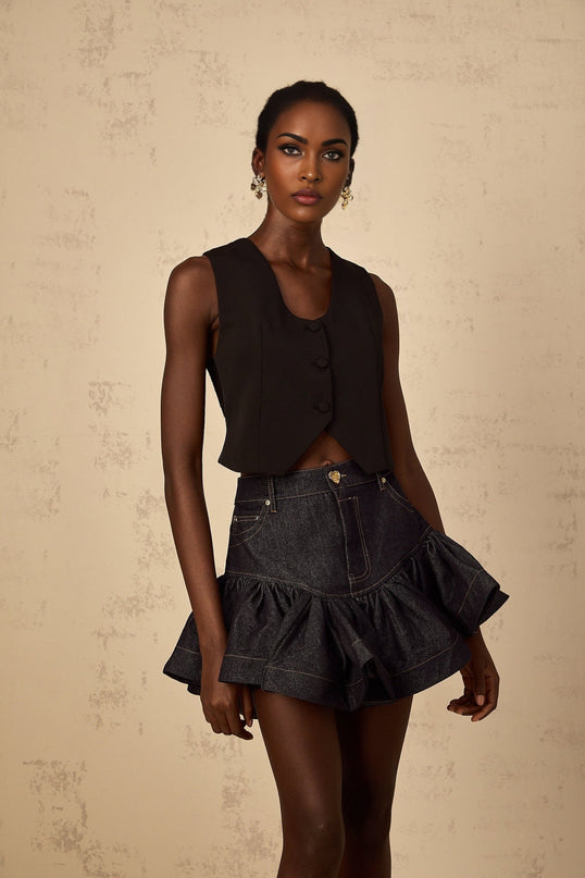 Faith Black Lace Cropped Top 100% Cotton V-Neck Sleeveless Button Fastening Curved Hem Guipure Lace Panelling Lace-Up Detail