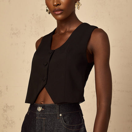Faith Black Lace Cropped Top V-neck Guipure Lace-Up Detail 100% Cotton Sleeveless Curved Hem Button Fastening