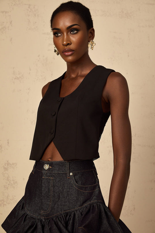 Faith Black Lace Cropped Top V-neck Guipure Lace-Up Detail 100% Cotton Sleeveless Curved Hem Button Fastening