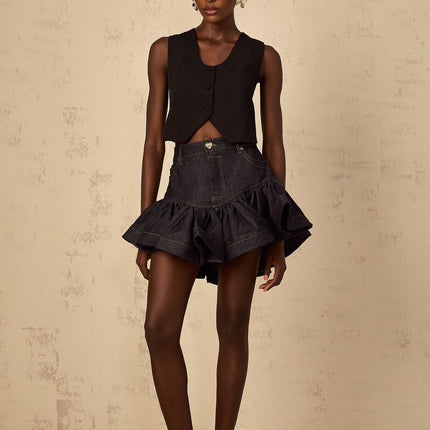 Faith Black Lace Cropped Top 100% Cotton V-Neck Guipure Lace Sleeveless Curved Hem Button Fastening