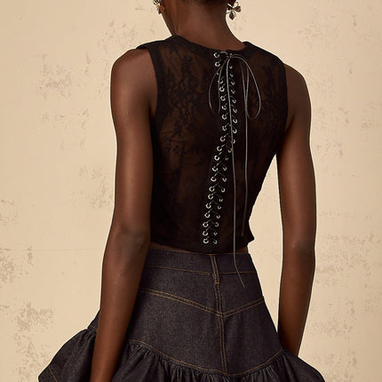 Faith Black Lace Cropped Top 100% Cotton V-neck Sleeveless Curved Hem Button Fastening Lace-up Detail Guipure Lace Panelling