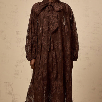 Faith Brown Lace Self-Tie Midi Dress