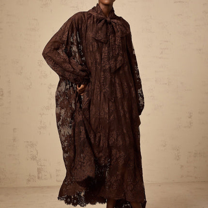 Faith Brown Lace Self-Tie Midi Dress