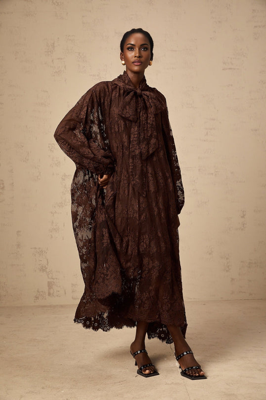 Faith Brown Lace Self-Tie Midi Dress