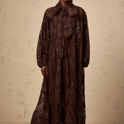 Faith Brown Lace Self-Tie Midi Dress