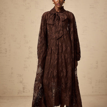 Faith Brown Lace Self-Tie Midi Dress with Slip