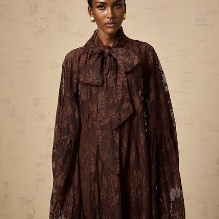 Faith Brown Lace Self-Tie Midi Dress