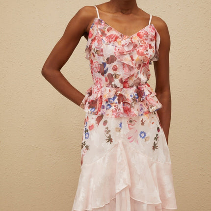 Faith Pink Rose Print Maxi Dress with V-Neck and Peplum Waist