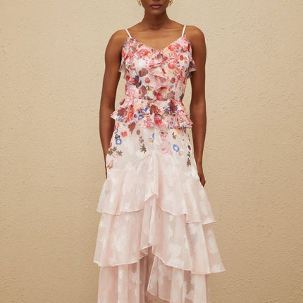 Faith Pink Rose Print Maxi Dress V-neck Adjustable Spaghetti Straps Peplum Waist Tiered Design Asymmetrical Hem Ruffled Detailing 100% Terylene Fiber Special Occasion Chic Glamour
